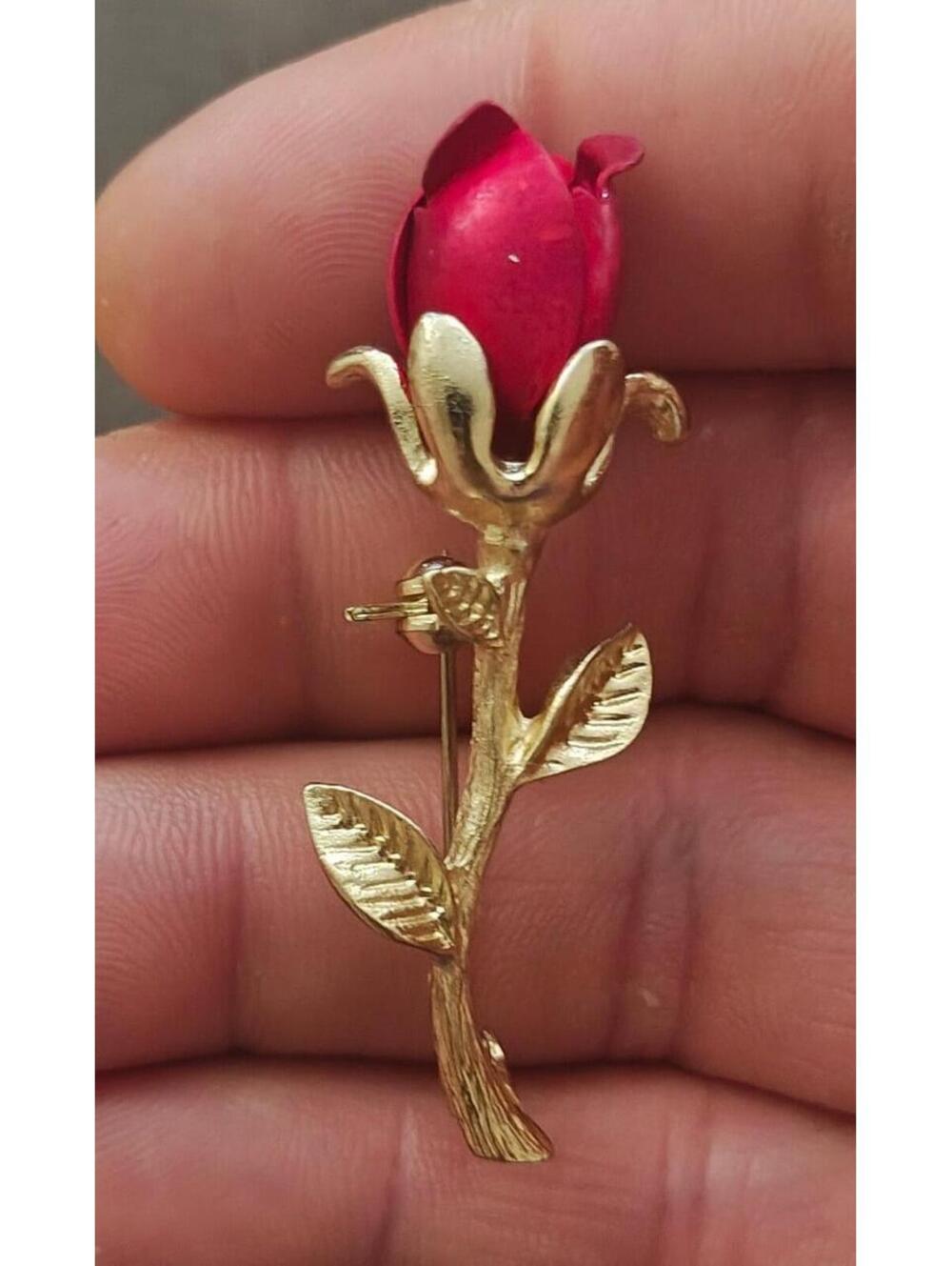 1980s Gold Tone Red Enamel Red Rose Bud With Single Stem Brooch